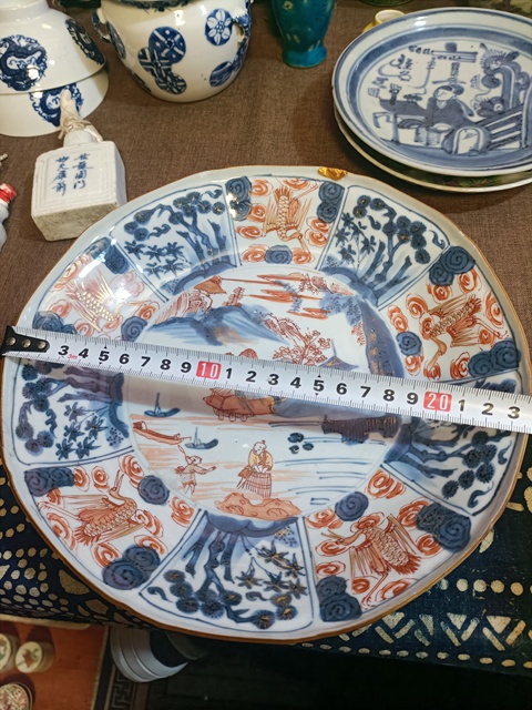 古玩陶瓷康熙青花礬紅山水人物紋花口盤拍賣，當前價格3888元