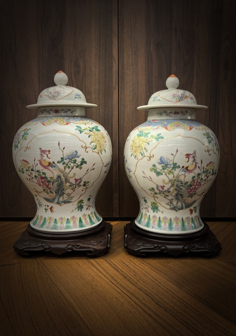 古玩陶瓷粉彩開窗鳳穿牡丹圖將軍罐(一對)拍賣,當前價格38888元