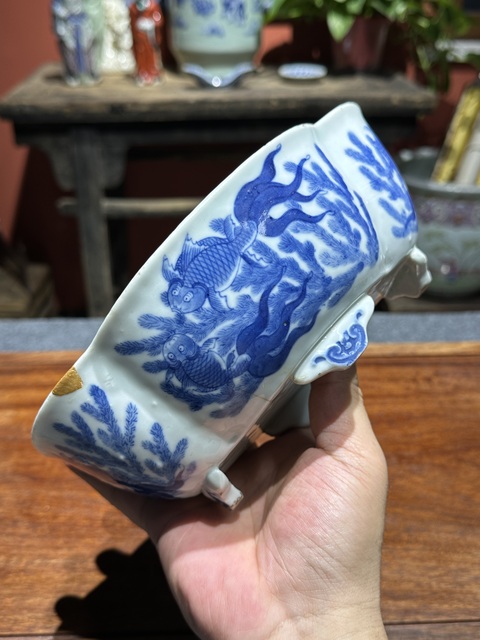 古玩陶瓷清代道光青花金玉滿堂紋高足水仙盆拍賣,當前價格8800元