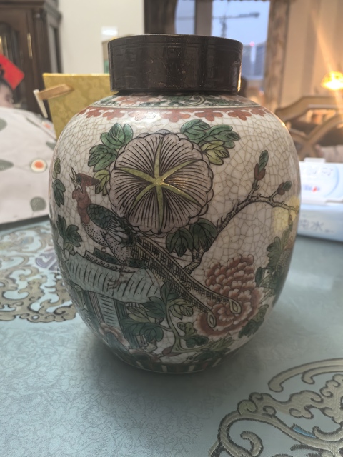 古玩陶瓷晚清哥釉五彩花鳥紋罐拍賣，當前價格1999元