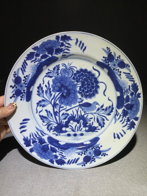 古玩陶瓷清代康熙青花花鳥紋折沿大盤清代康熙青花瓷器拍賣,當前價格2300元