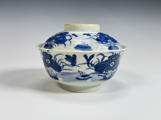 古玩陶瓷清道光 若深珍藏款 青花蓮池鴛鴦紋蓋碗拍賣，當前價格1700元