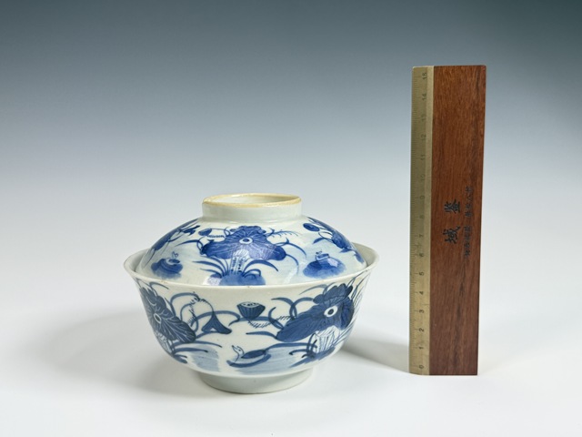 古玩陶瓷清道光 若深珍藏款 青花蓮池鴛鴦紋蓋碗拍賣，當前價格1700元