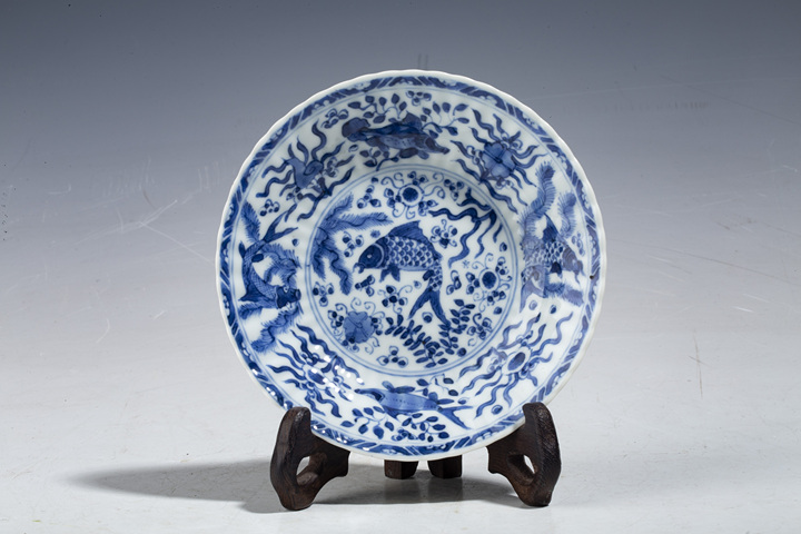 古玩陶瓷清康熙·青花魚藻紋花口碟真品鑒賞圖