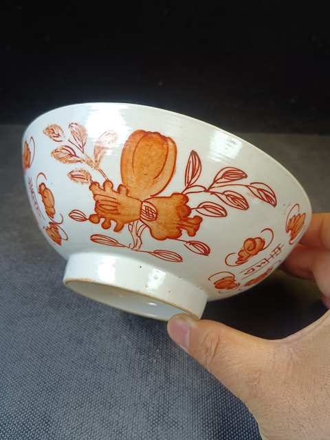 古玩陶瓷（全品）民國粉彩礬紅三多福壽紋大碗拍賣，當前價格588元