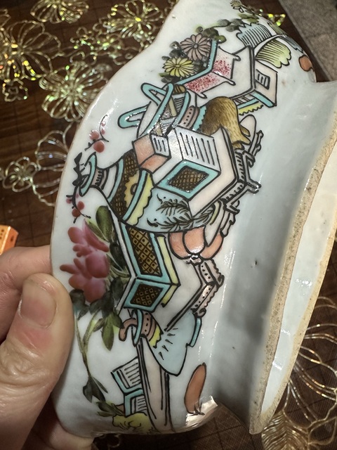 古玩陶瓷晚清淺降彩清供圖海棠貢碗真品鑒賞圖