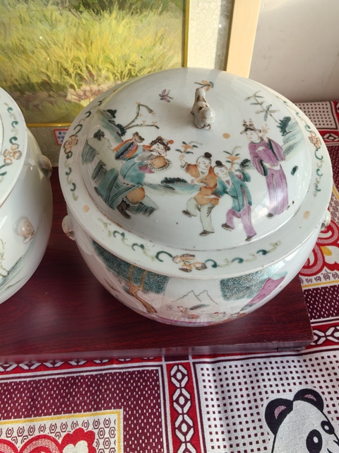 古玩陶瓷晚清,粉彩人物紋四系粥罐一對拍賣,當前價格6000元