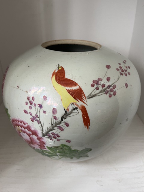 古玩陶瓷淺絳彩花鳥紋西瓜罐拍賣,當前價格599元