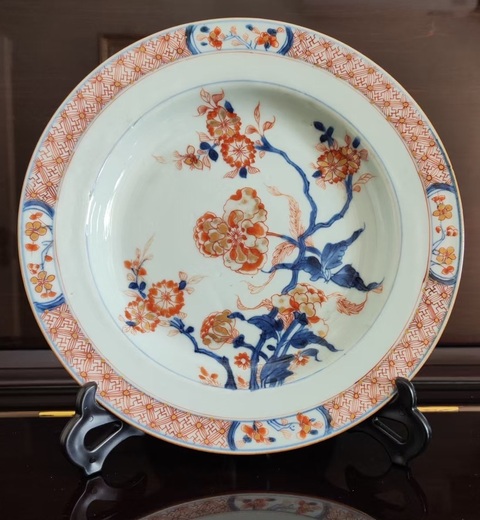 古玩陶瓷康熙-清早-青花礬紅花卉紋折沿盤拍賣,當前價格886元