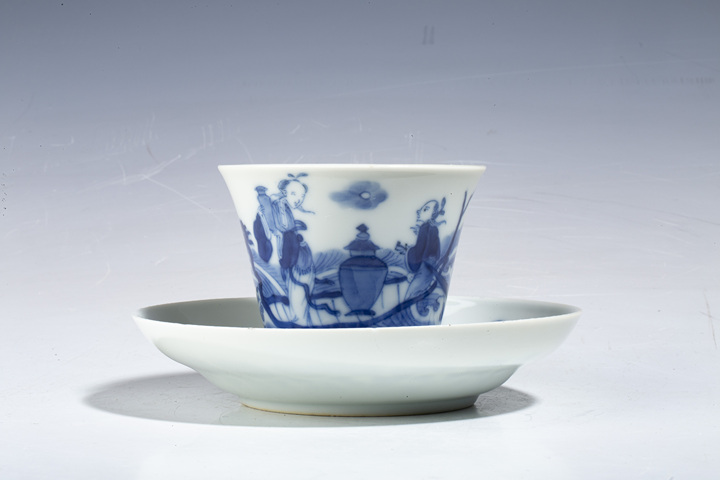 古玩陶瓷清道光·青花海屋添籌仙人乘槎紋杯碟拍賣,當前價格9500元