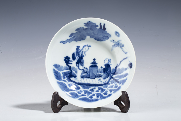 古玩陶瓷清道光·青花海屋添籌仙人乘槎紋杯碟拍賣,當前價格9500元