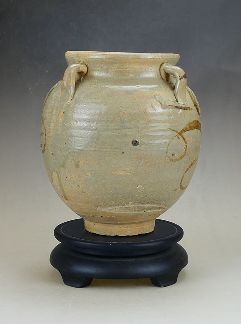 古玩陶瓷元末明初·青釉褐彩花卉紋四系罐真品鑒賞圖
