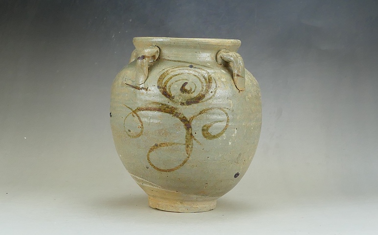 古玩陶瓷元末明初·青釉褐彩花卉紋四系罐真品鑒賞圖
