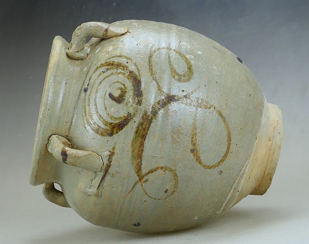 古玩陶瓷元末明初·青釉褐彩花卉紋四系罐真品鑒賞圖