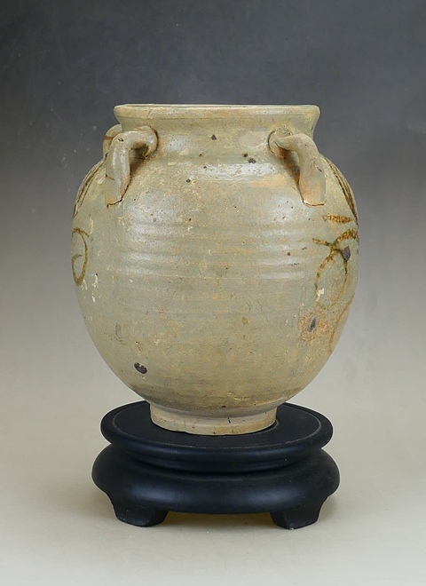 古玩陶瓷元末明初·青釉褐彩花卉紋四系罐真品鑒賞圖