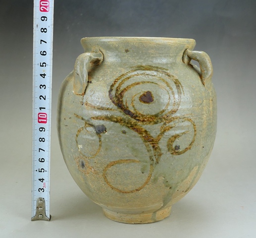 古玩陶瓷元末明初·青釉褐彩花卉紋四系罐真品鑒賞圖