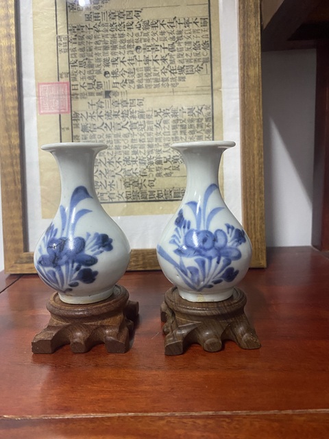 古玩陶瓷清早期 青花花卉玉壺春瓶一對拍賣,當前價格1880元
