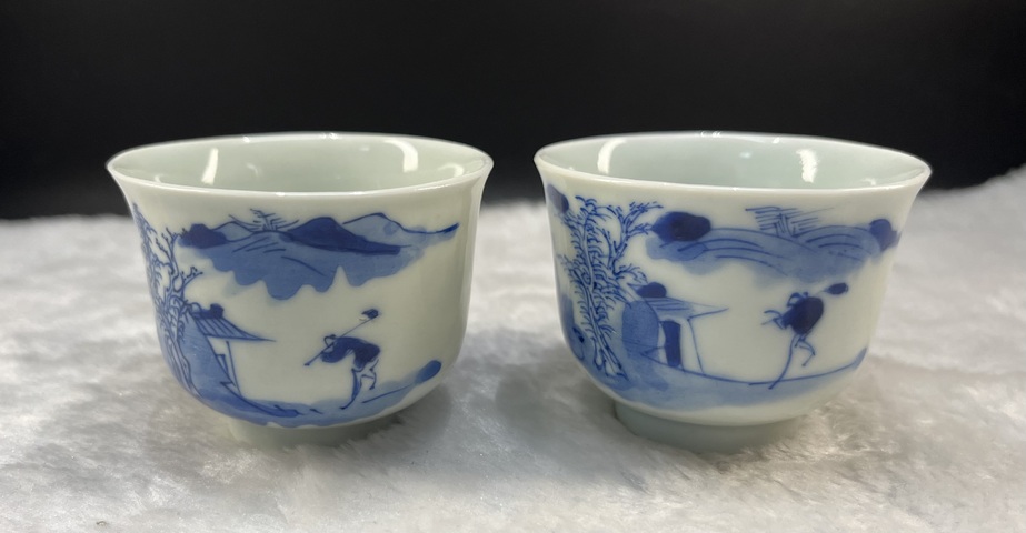 青花山水人物杯一對拍賣，當前價格3800元