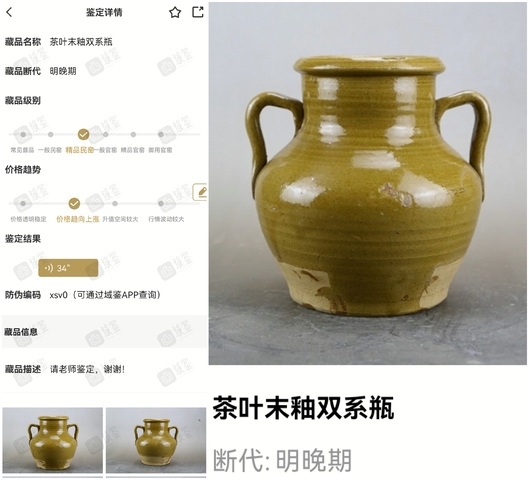 古玩陶瓷精品:明代晚期茶葉末釉雙系瓶拍賣，當前價格1200元