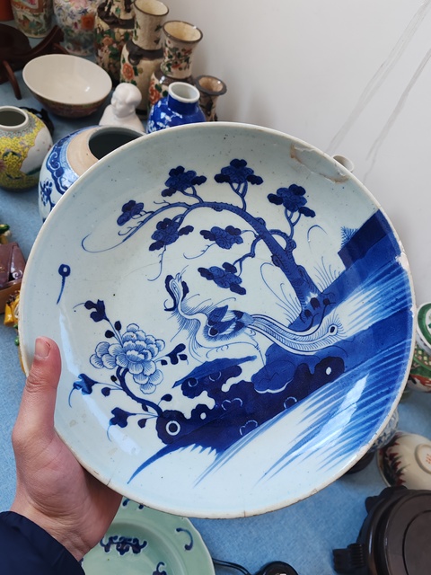 古玩陶瓷清中期青花鳳紋臥盤拍賣，當前價格980元