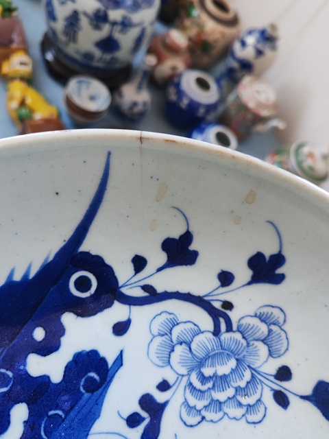 古玩陶瓷清中期青花鳳紋臥盤拍賣，當前價格980元