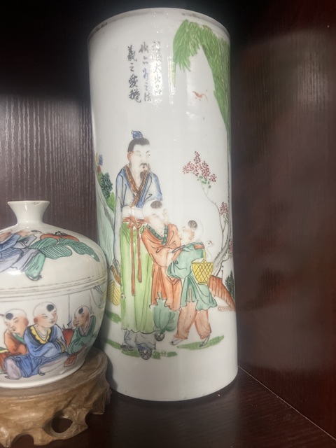 古玩陶瓷民國名家劉順太 油粉彩羲之愛鵝圖帽筒拍賣,當前價格1880元