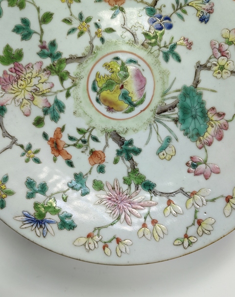古玩陶瓷清中晚-冬青釉粉彩四季花卉紋盤拍賣,當前價格2369元