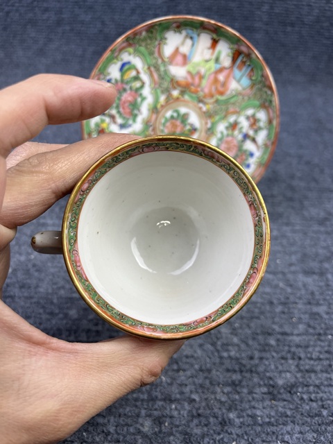 古玩陶瓷廣彩開窗人物花鳥紋杯碟套拍賣,當前價格888元