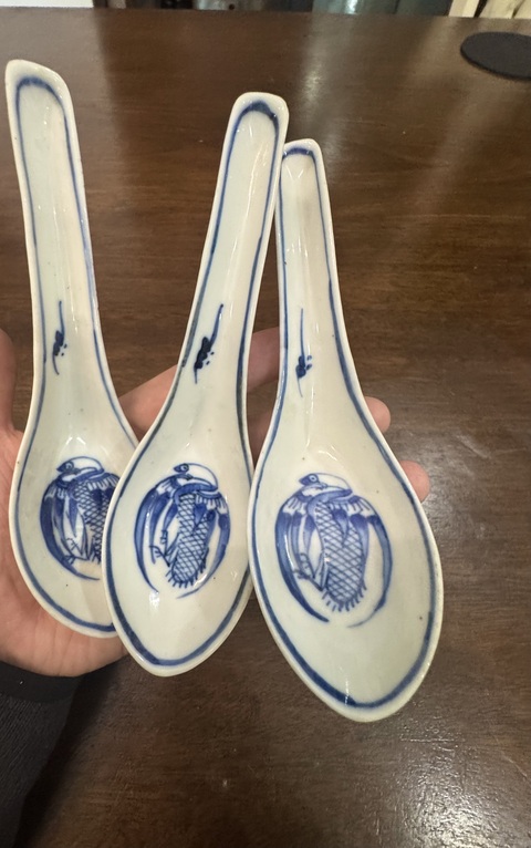 古玩陶瓷晚清團鶴紋青花湯勺3只拍賣，當前價格398元
