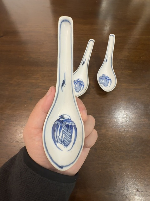 古玩陶瓷晚清團鶴紋青花湯勺3只拍賣，當前價格398元