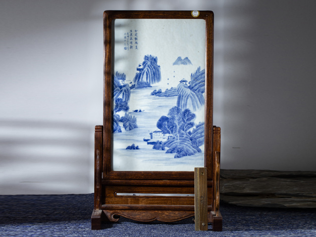 古玩陶瓷民國·青花山水人物紋瓷板插屏真品鑒賞圖