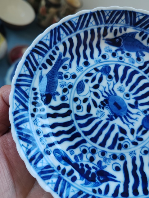 古玩陶瓷清光緒時期青花魚藻紋花口盤拍賣，當前價格1880元