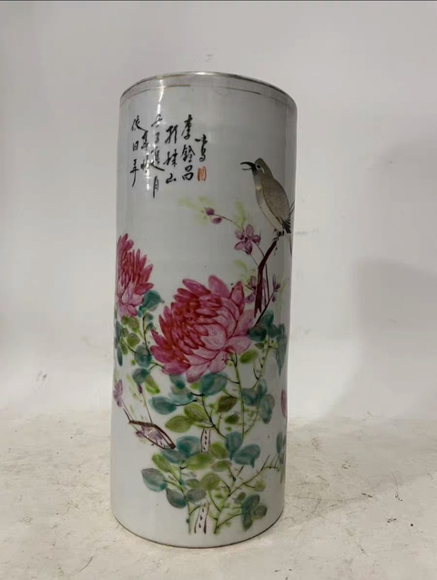 古玩陶瓷淺絳彩花鳥紋帽筒拍賣,當前價格1500元