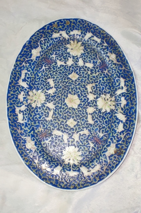 古玩陶瓷藍地粉彩福壽紋折沿盤拍賣，當前價格1998元