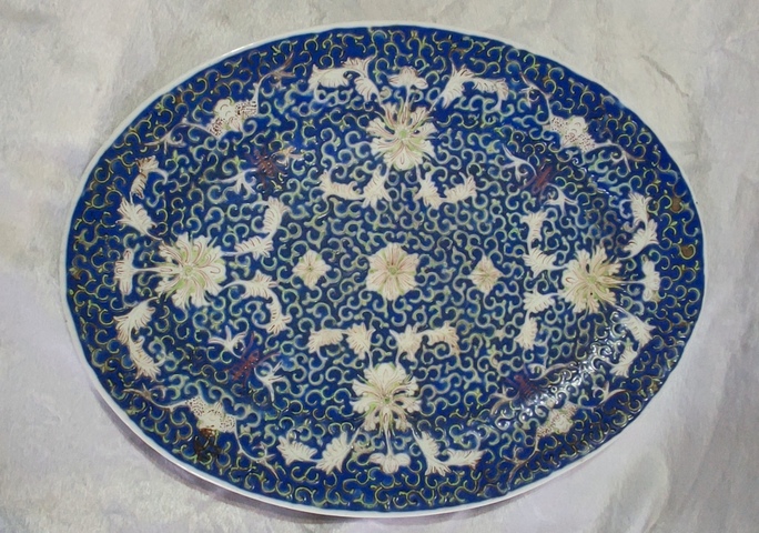 古玩陶瓷藍地粉彩福壽紋折沿盤拍賣，當前價格1998元