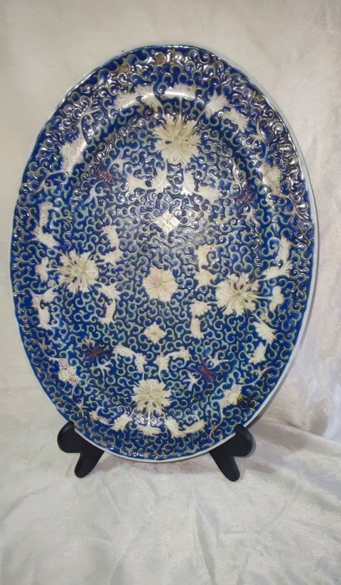 古玩陶瓷藍地粉彩福壽紋折沿盤拍賣，當前價格1998元