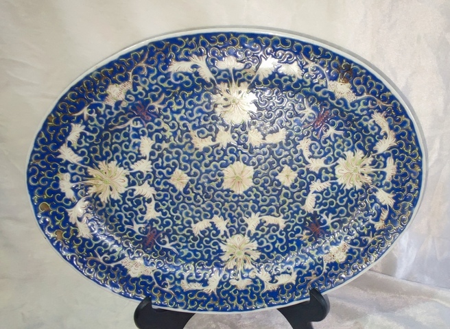 古玩陶瓷藍地粉彩福壽紋折沿盤拍賣，當前價格1998元