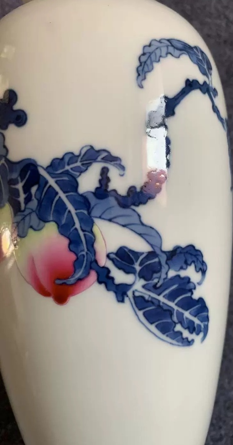 古玩陶瓷民國 青花胭脂紅壽桃紋萊菔瓶拍賣，當前價格586000元