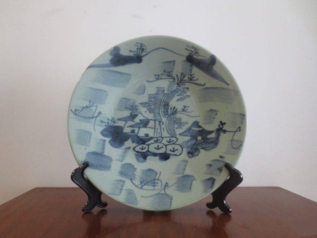 古玩陶瓷豆青釉青花盤拍賣,當前價格1288元