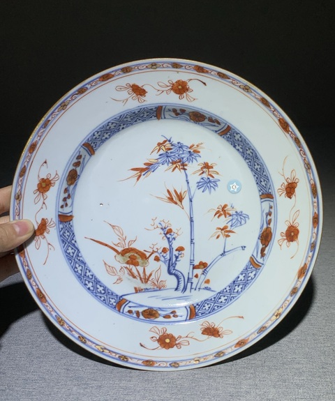 古玩陶瓷康熙·青花礬紅描金花竹紋折沿盤真品鑒賞圖