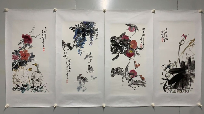 古玩字畫李慶友花卉四屏拍賣,當(dāng)前價(jià)格6000元
