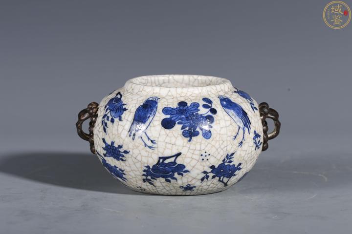 古玩陶瓷哥釉青花花鳥紋獅耳水洗拍賣,當前價格3888元