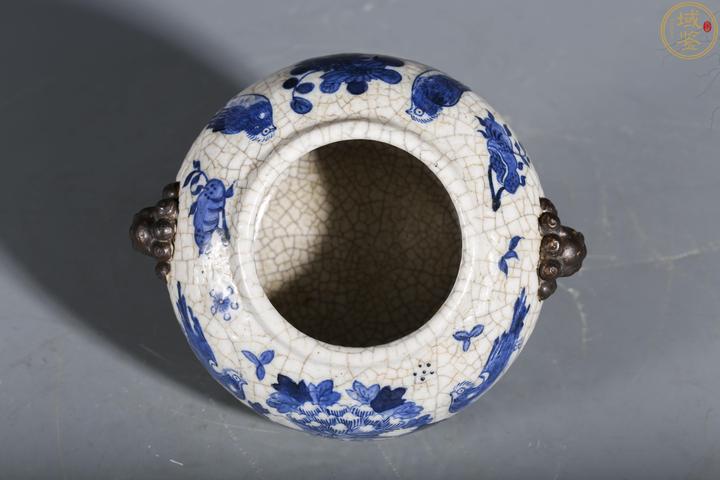 古玩陶瓷哥釉青花花鳥紋獅耳水洗拍賣,當前價格3888元
