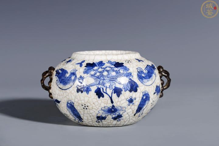古玩陶瓷哥釉青花花鳥紋獅耳水洗拍賣,當前價格3888元