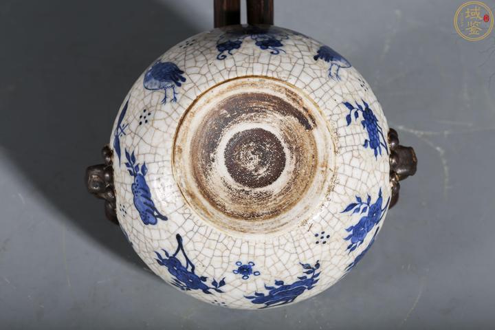 古玩陶瓷哥釉青花花鳥紋獅耳水洗拍賣,當前價格3888元