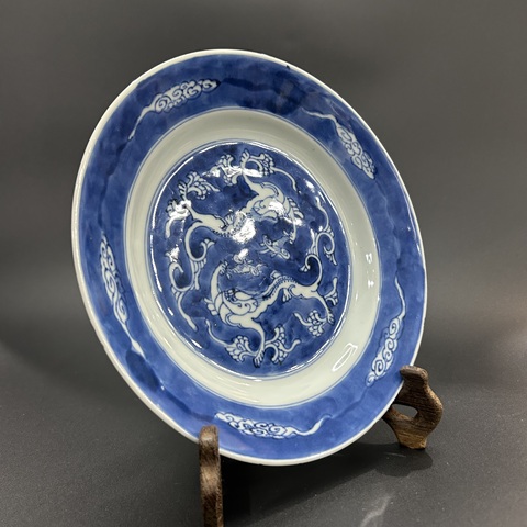 古玩陶瓷清康熙青花夔龍紋盤拍賣,當前價格3200元