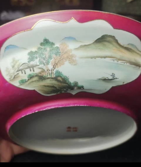 古玩陶瓷胭脂紅開光山水紋盤拍賣，當前價格1800元