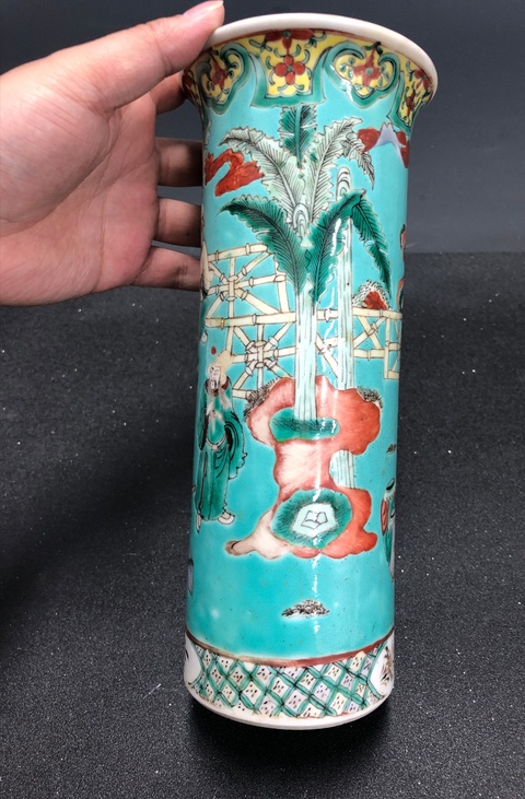 古玩陶瓷松石綠地粉彩人物故事劍筒拍賣，當前價格12000元