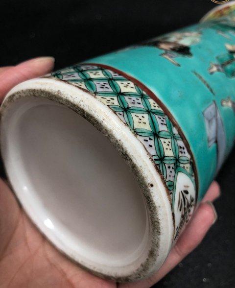 古玩陶瓷松石綠地粉彩人物故事劍筒拍賣，當前價格12000元