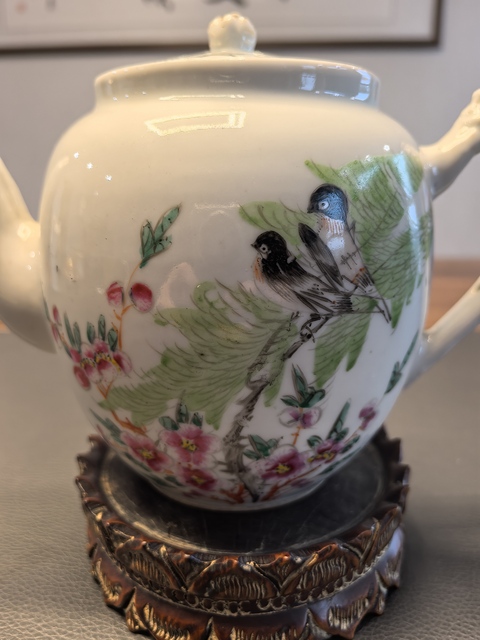 古玩陶瓷名家李順興粉彩花鳥詩文茶壺拍賣，當前價格450元
